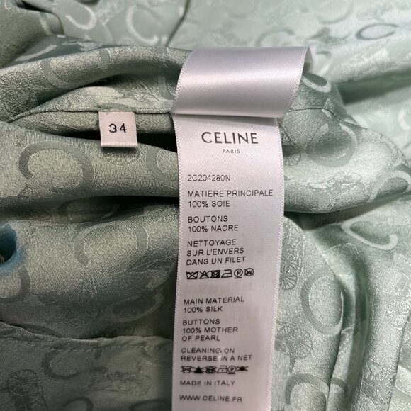 CELINE Silk Jacquard Tie Front Bow Blouse in Mint Size 34 - Picture 6 of 6